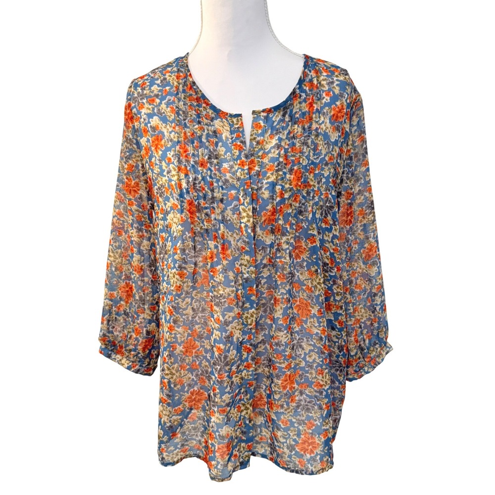 Violet+Claire Blouse Womens Small Blue Orange Floral Pintuck Pleated 3/4 Sleeve